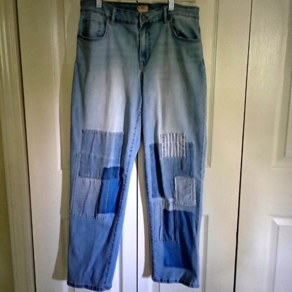 QVC Logo By Lori Goldstein Blue Patchwork Women's Boyfriend Jeans